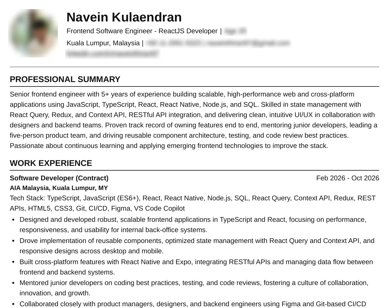 Sample resume tailored for a Senior Frontend Engineer role